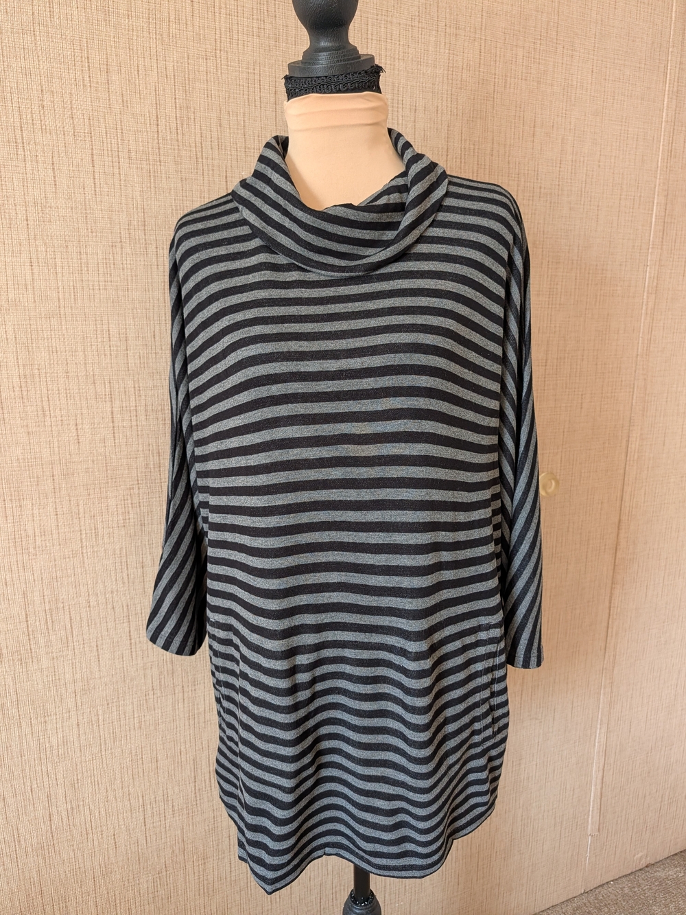 Women's Black and Gray Striped Cowl Neck Tunic With Kangaroo Pocket